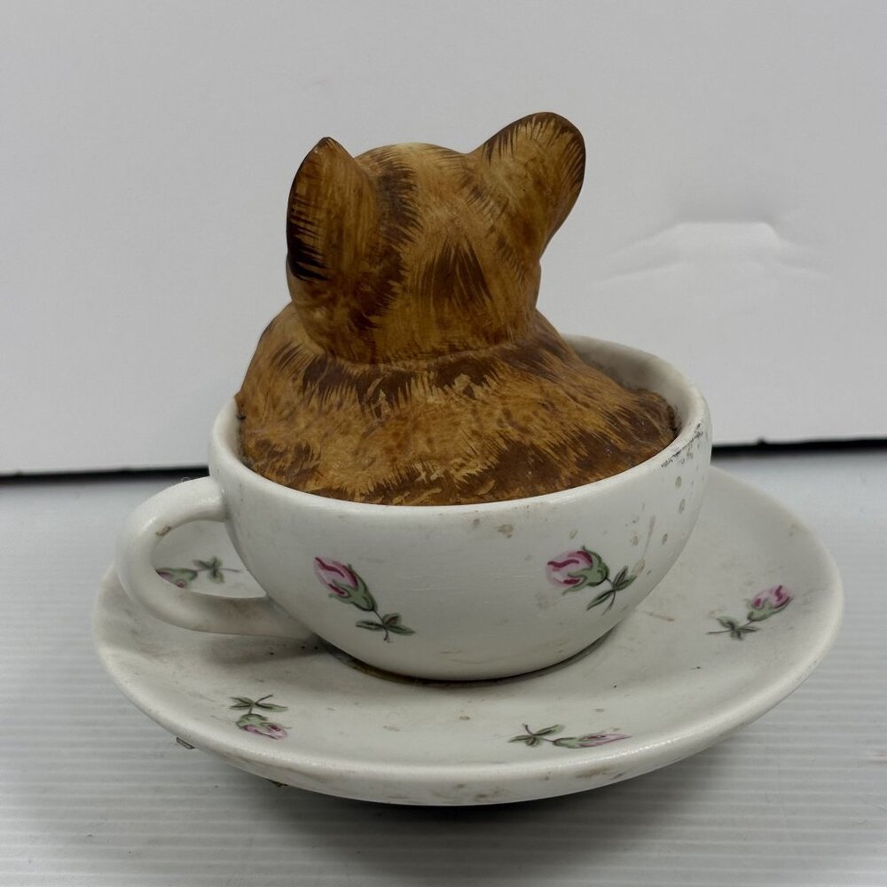 VTG Music Box Cat Figurine In Teacup With Saucer Hand-Painted Ceramic Floral Des - Picture 9 of 16